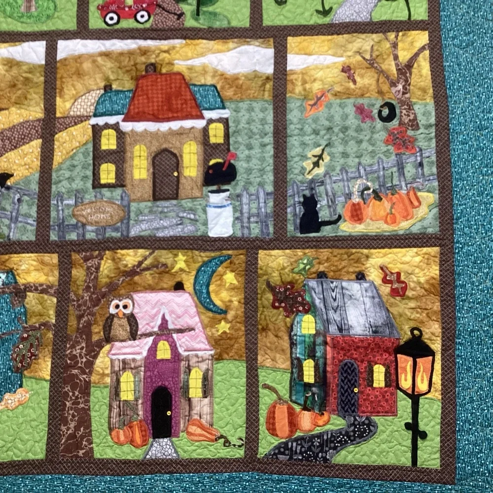 Hand Crafted Art Quilt Houses Schoolhouse Seasons 47”x55”